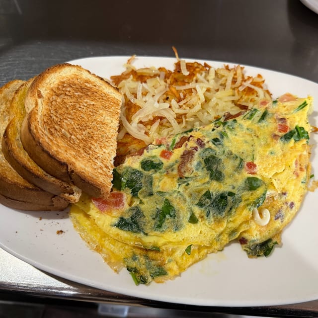 Spinach Bacon & Tomato Omelette.
